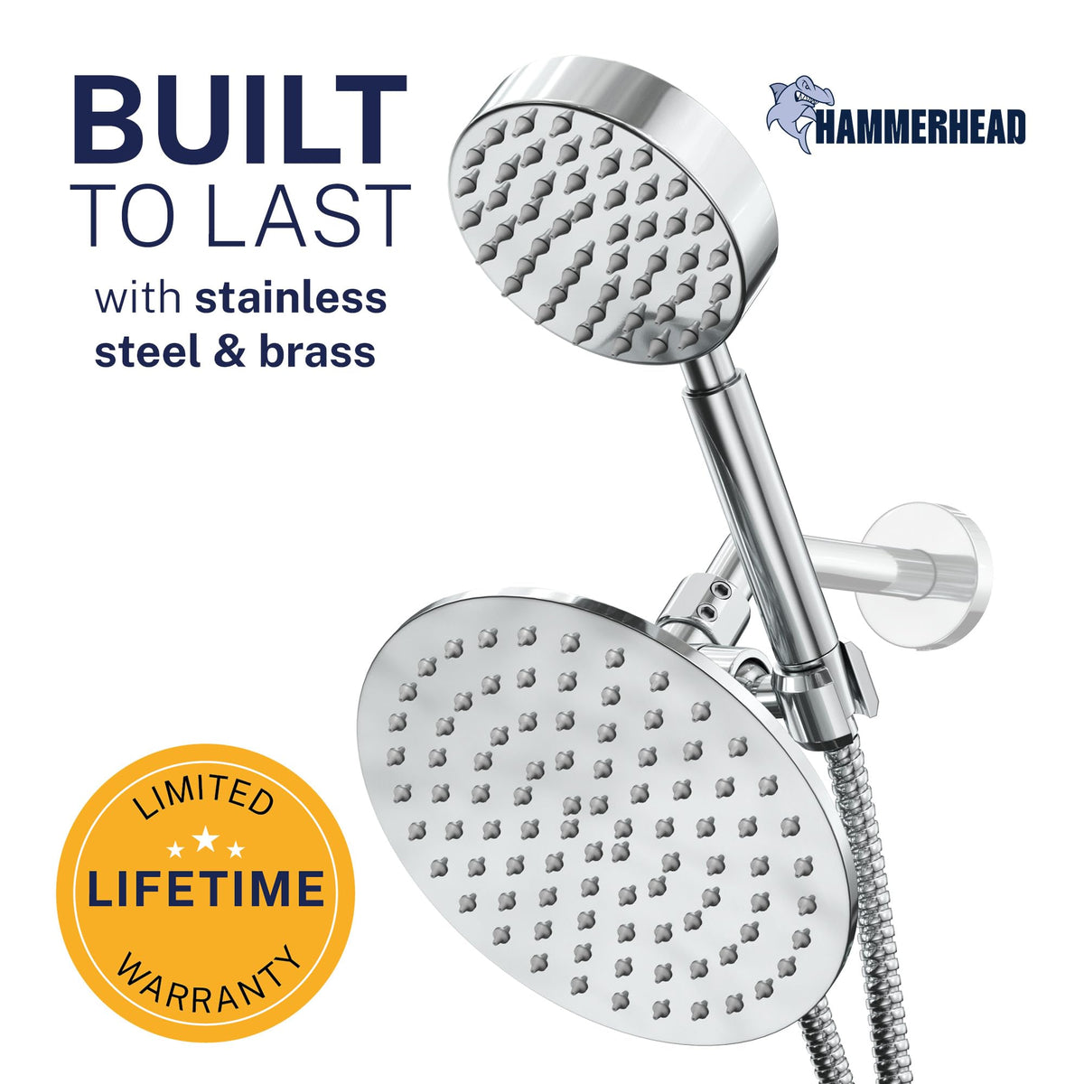 HammerHead 8-inch rainfall head delivers wide coverage and soothing streams for a spa-like feel