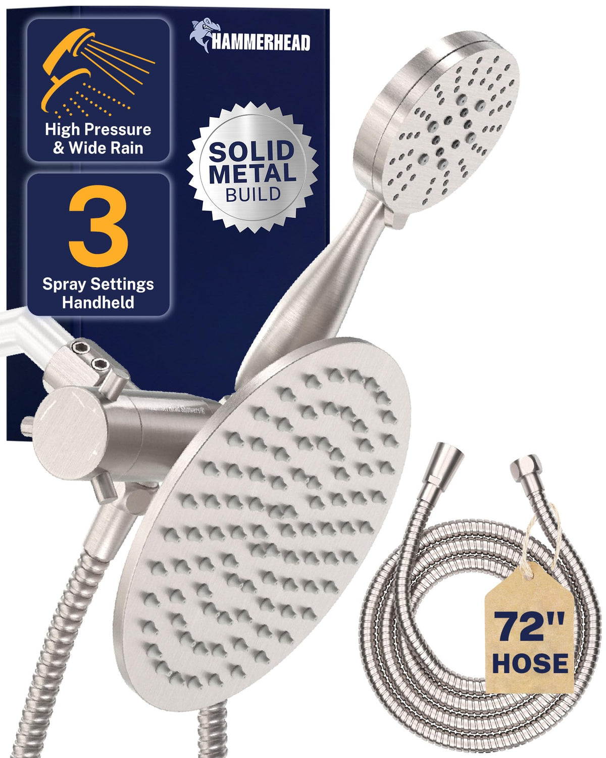 HammerHead Showers 8-inch rainfall head delivers broad spa-like coverage.