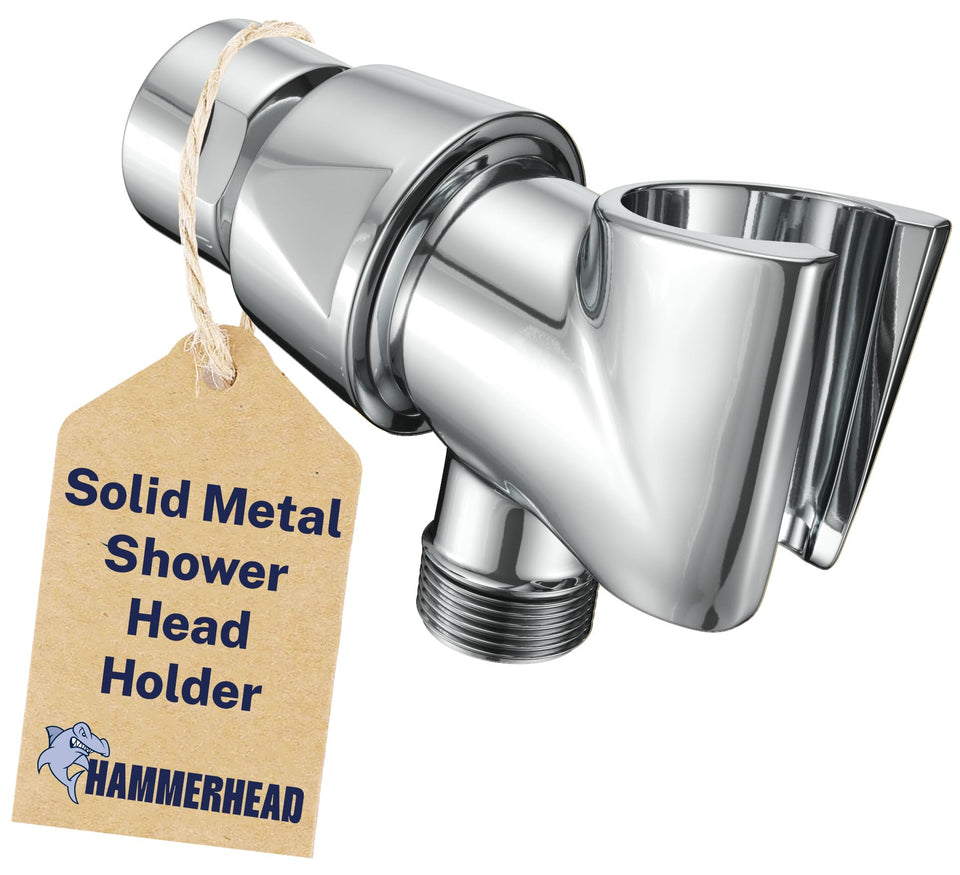 HammerHead Showers brass shower head holder bracket; universal compatibility for handheld heads.