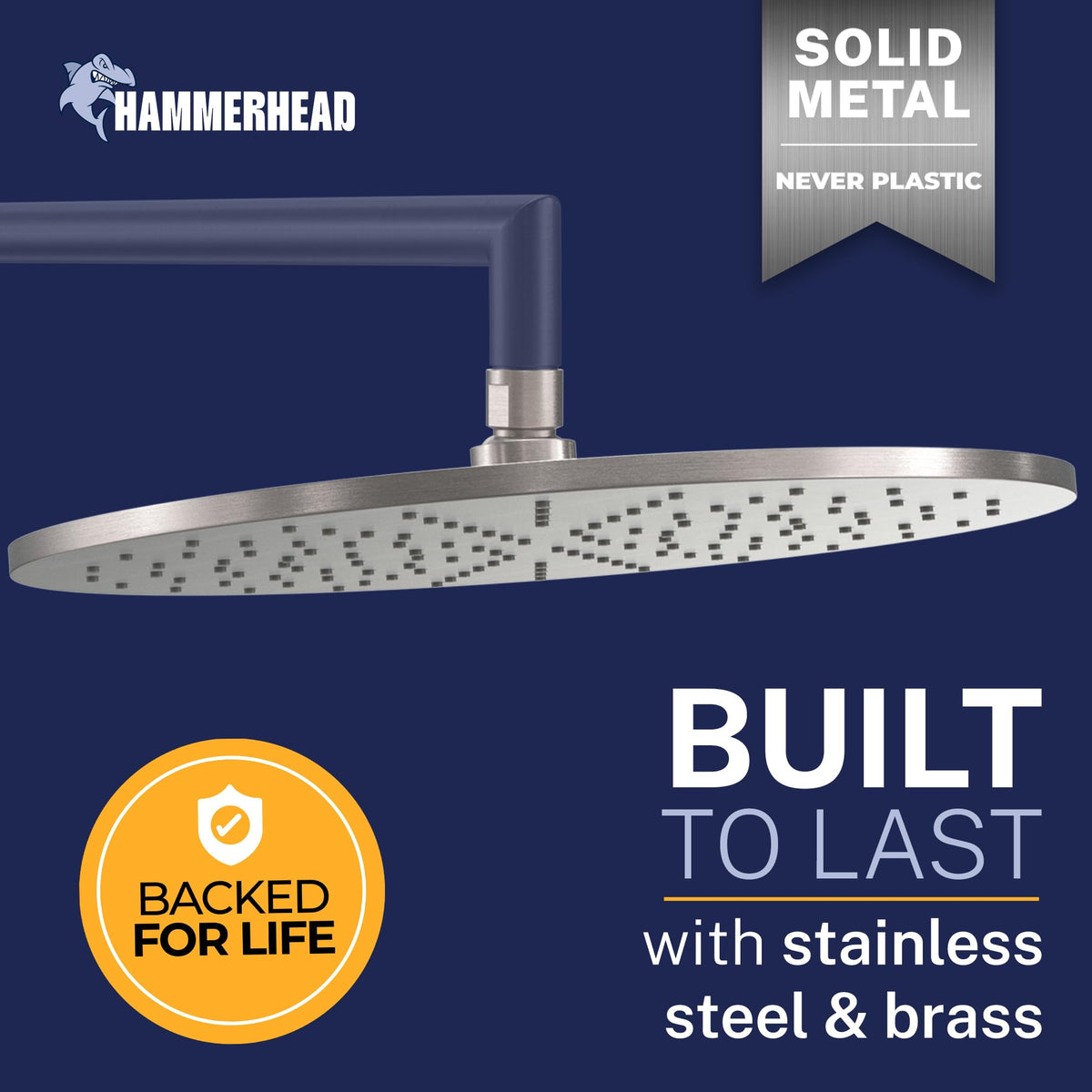 HammerHead Showers brushed-nickel finish shower head, closeup, durable construction.