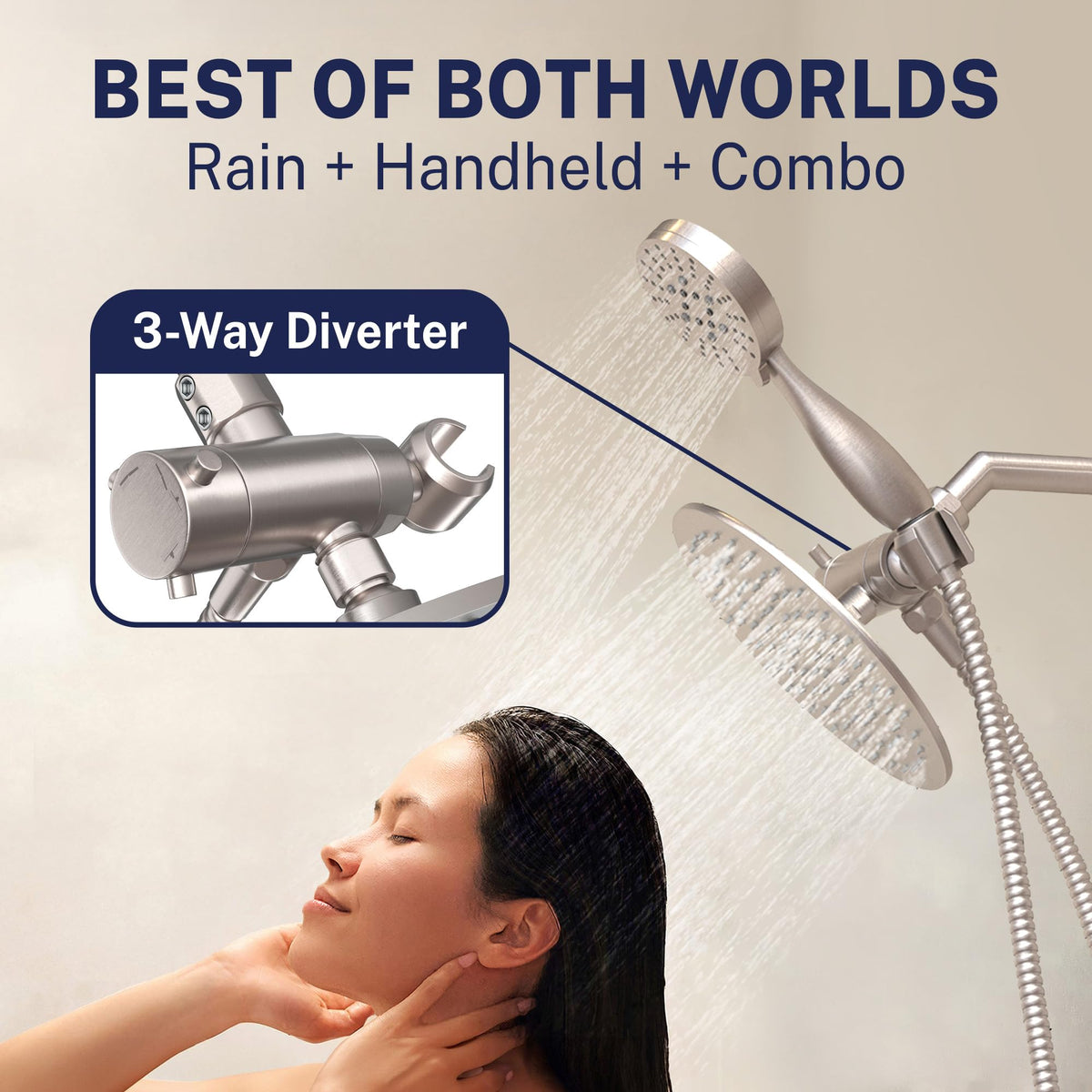 Brushed nickel finish on HammerHead Showers adds modern durability.