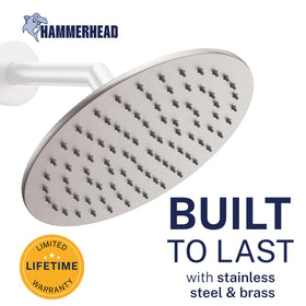 HammerHead Showers brushed-nickel rain head overhead-mount for immersive shower experience.