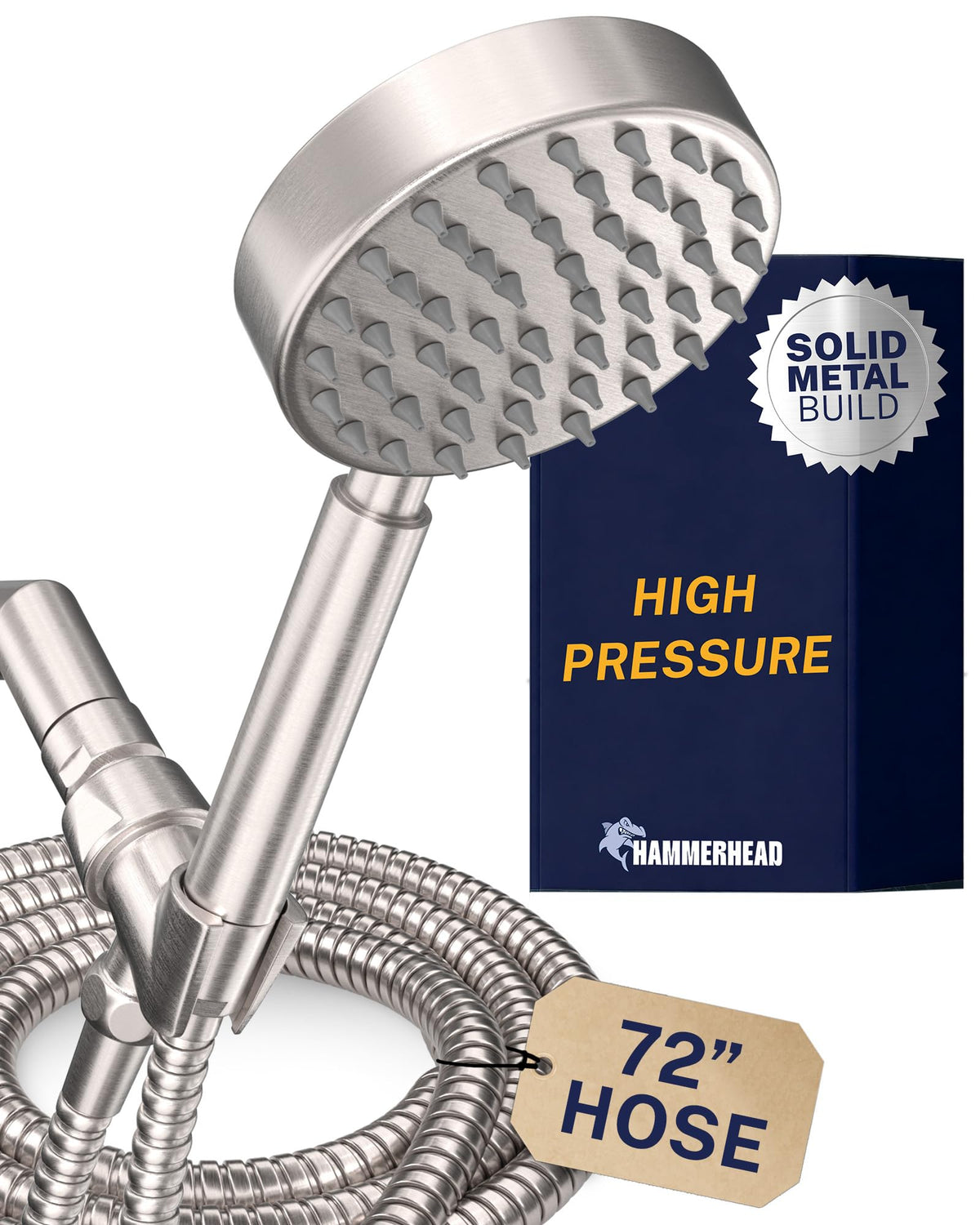 HammerHead Showers brushed nickel shower head with durable solid metal construction for daily use.