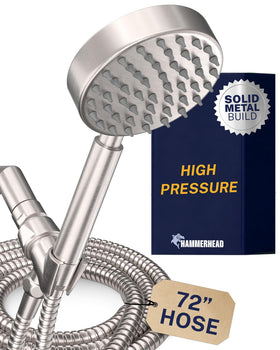 HammerHead Showers brushed nickel shower head with durable solid metal construction for daily use.