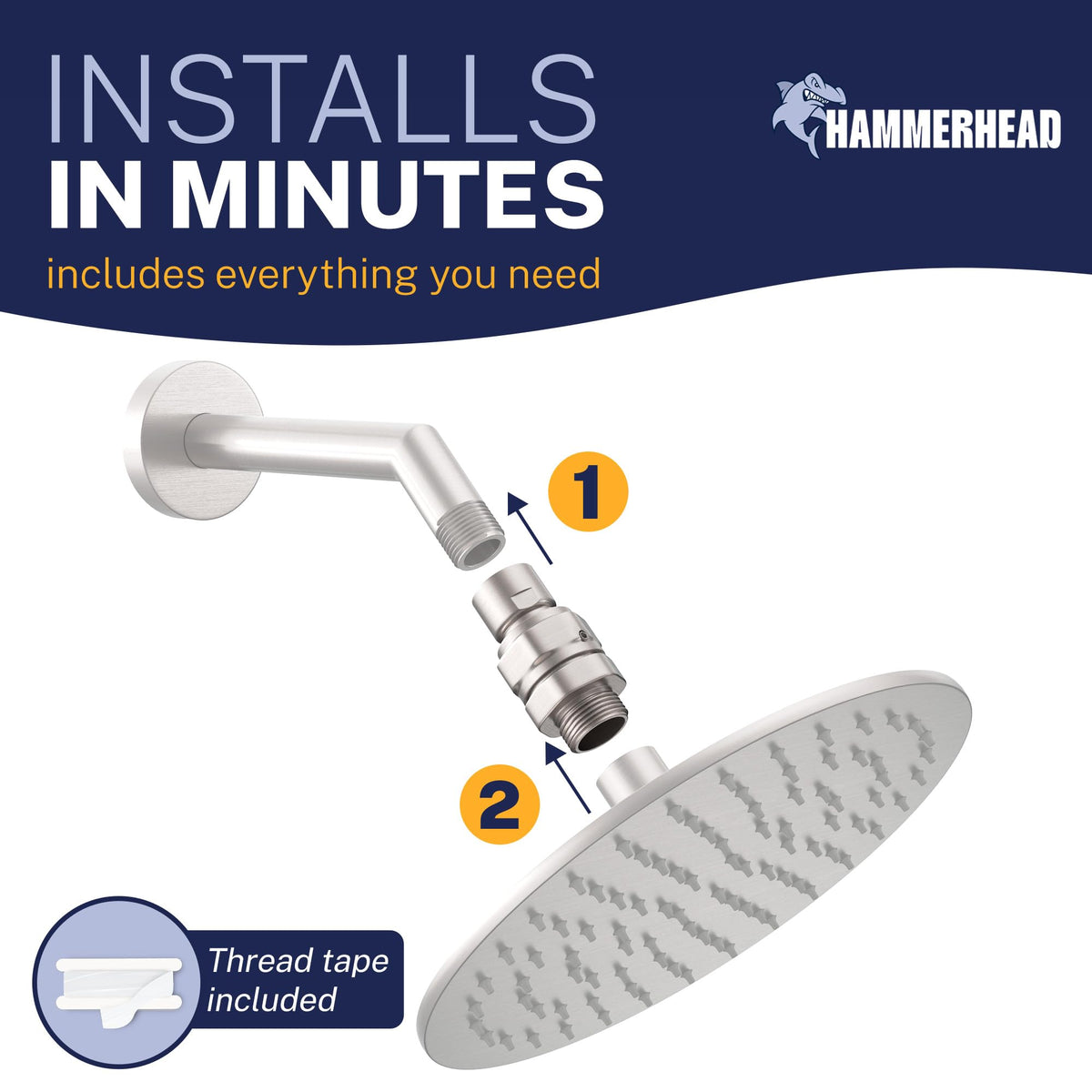 HammerHead Showers compatible with handheld, rainfall, and fixed shower heads.