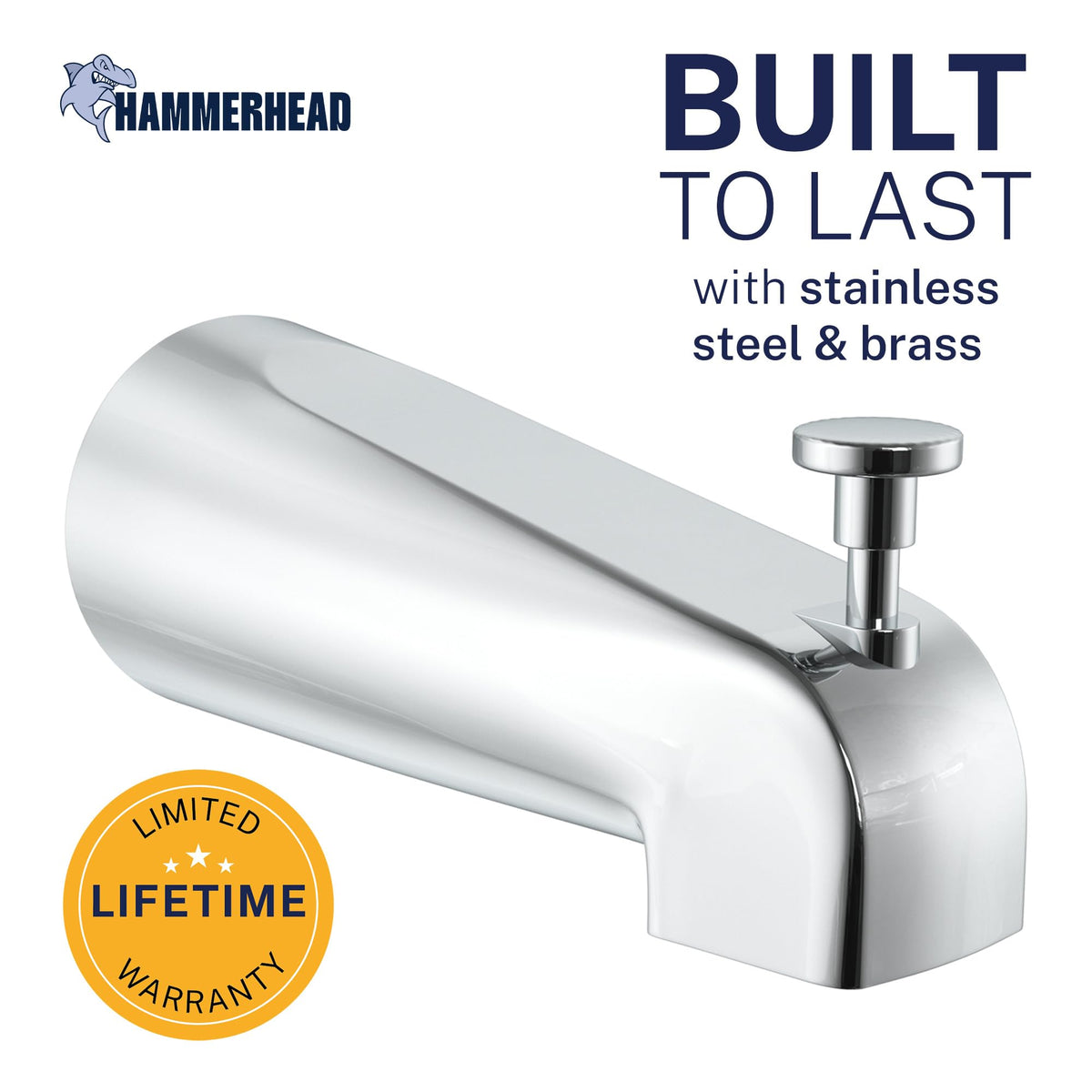 HammerHead extra-long tub spout in chrome directs water cleanly into the tub