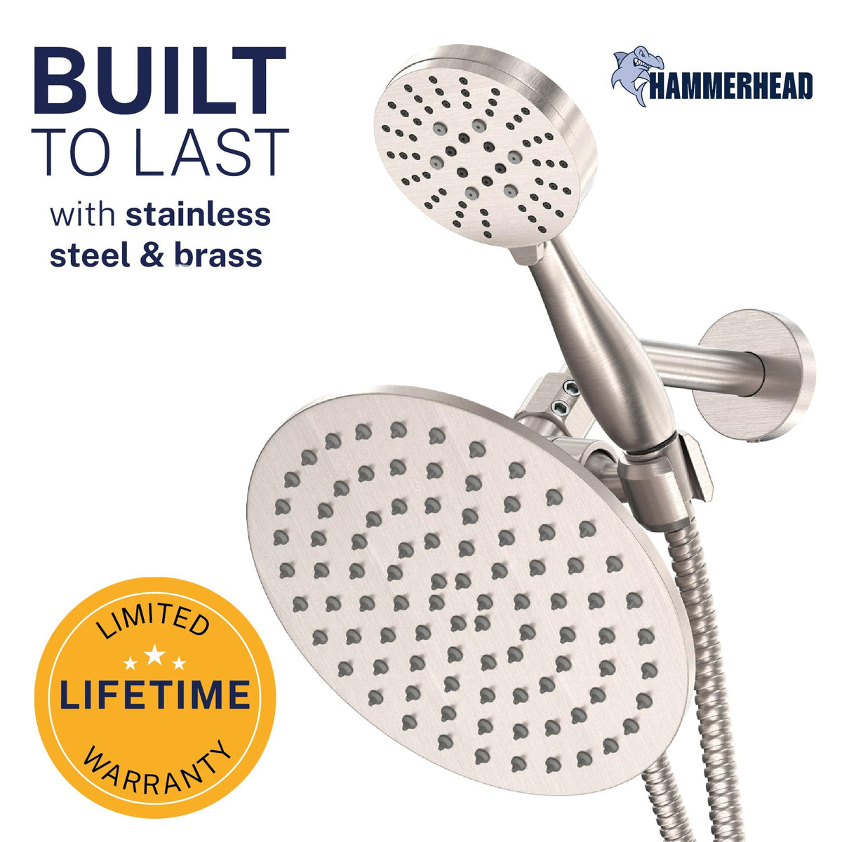 HammerHead Showers handheld sprayer offers three spray options for versatility.