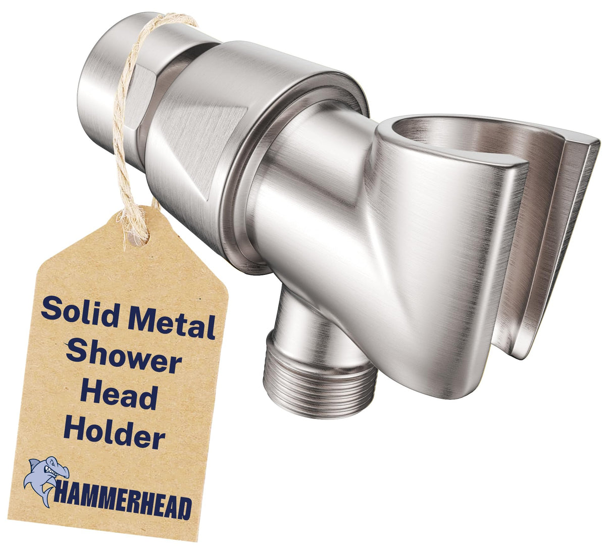 HammerHead Showers solid brass holder in brushed nickel provides durable shower head support.