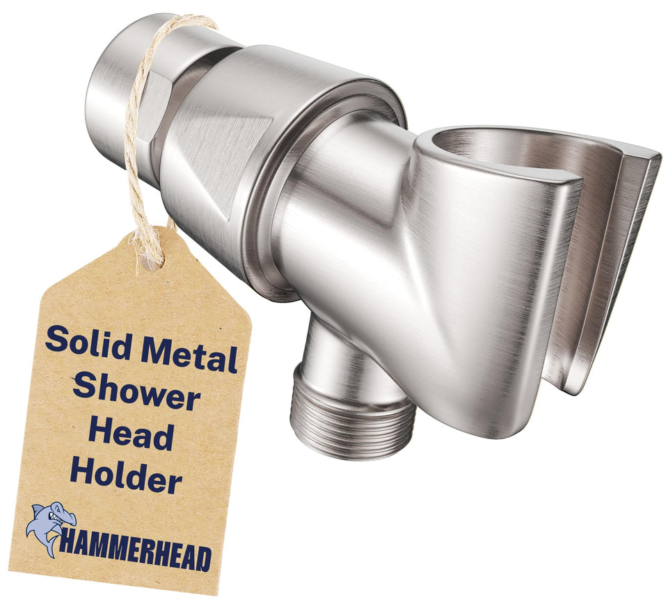 HammerHead Showers solid brass holder in brushed nickel provides durable shower head support.