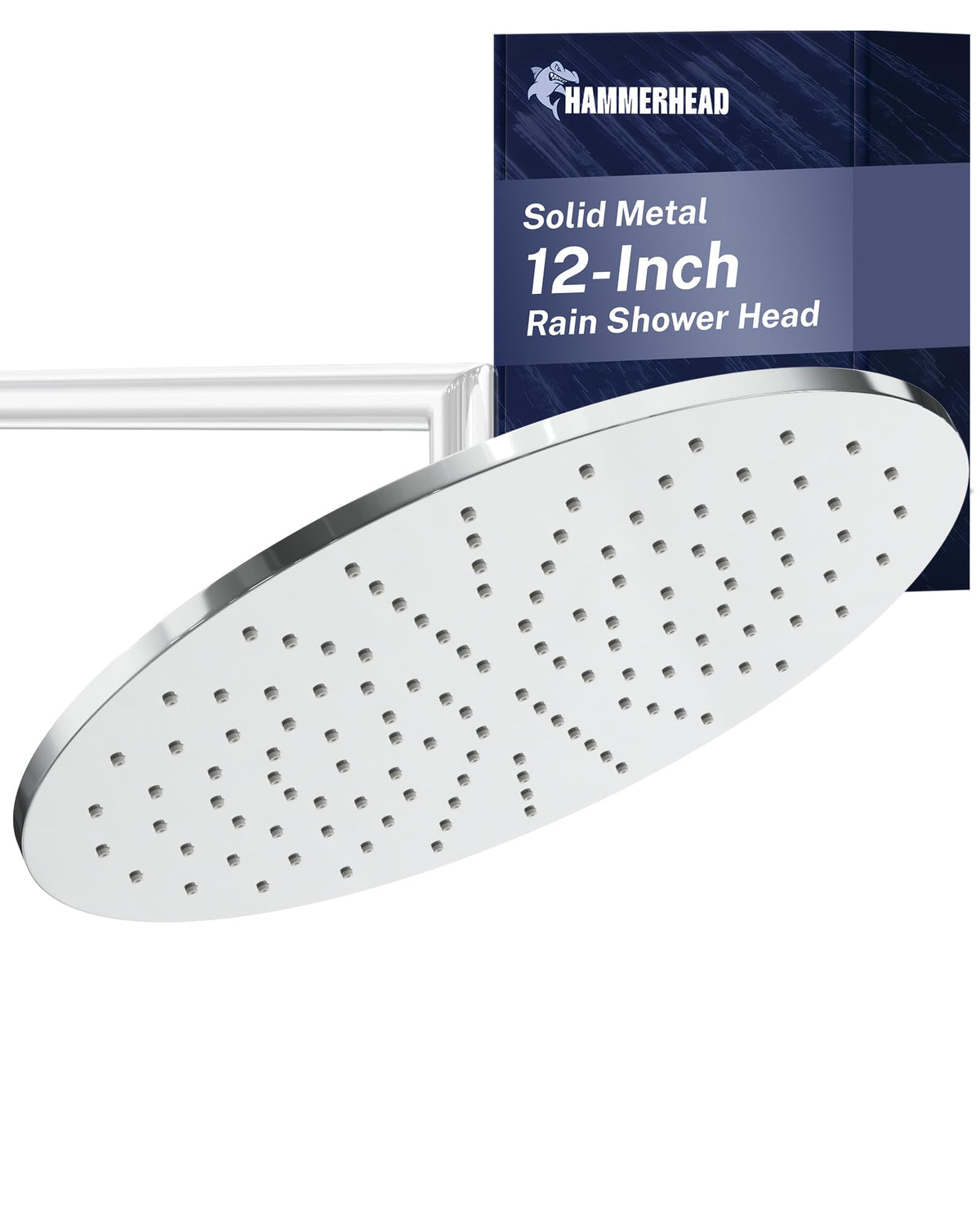 HammerHead Showers solid metal 12-inch rainfall head for expansive coverage.