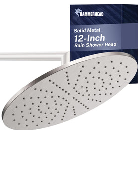 HammerHead Showers solid metal 12-inch rainfall head, front view, immersive coverage.