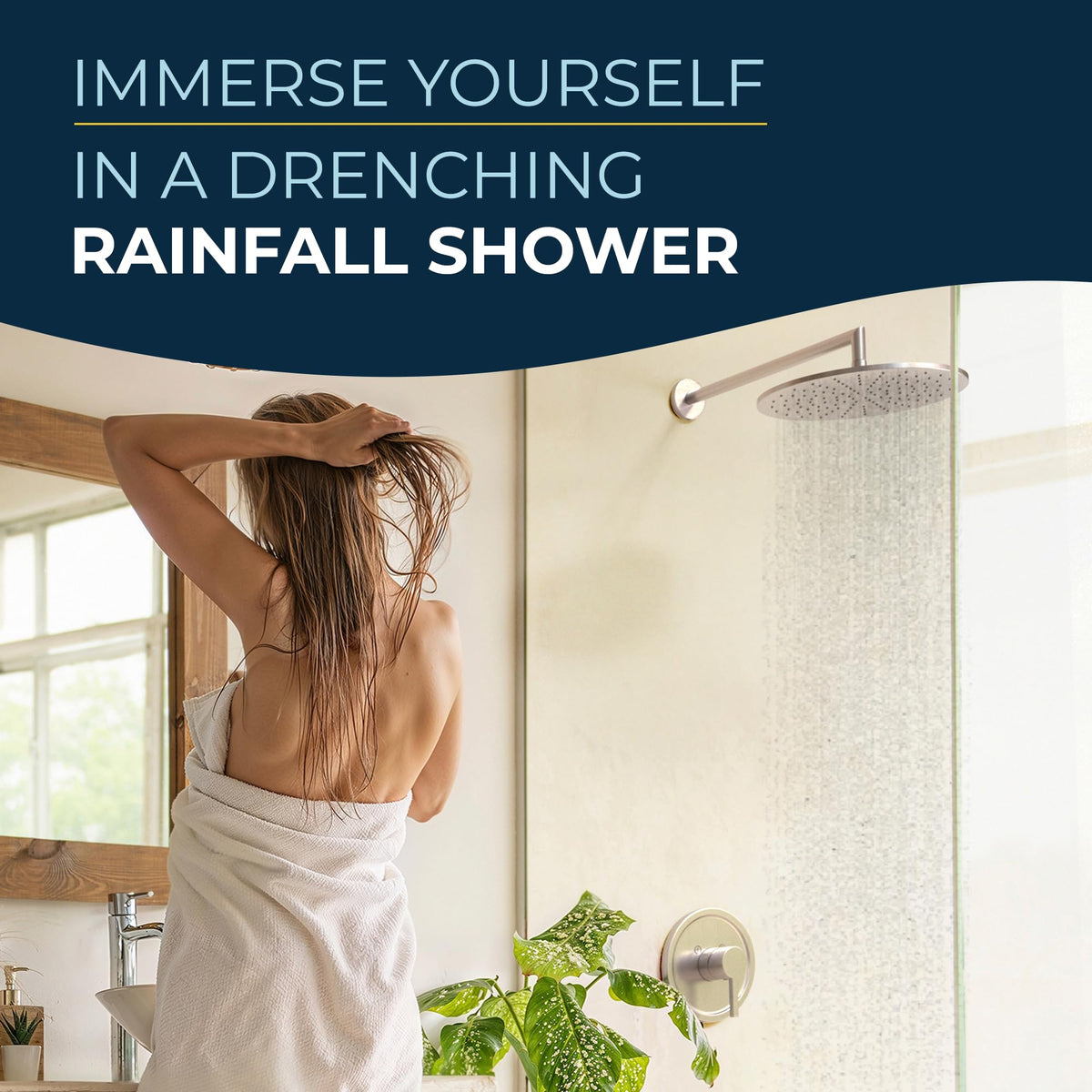 HammerHead Showers solid metal 12-inch rainfall head, wide-coverage view for full-body spray.