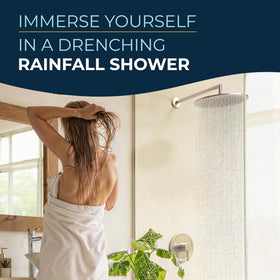 HammerHead Showers solid metal 12-inch rainfall head, wide-coverage view for full-body spray.