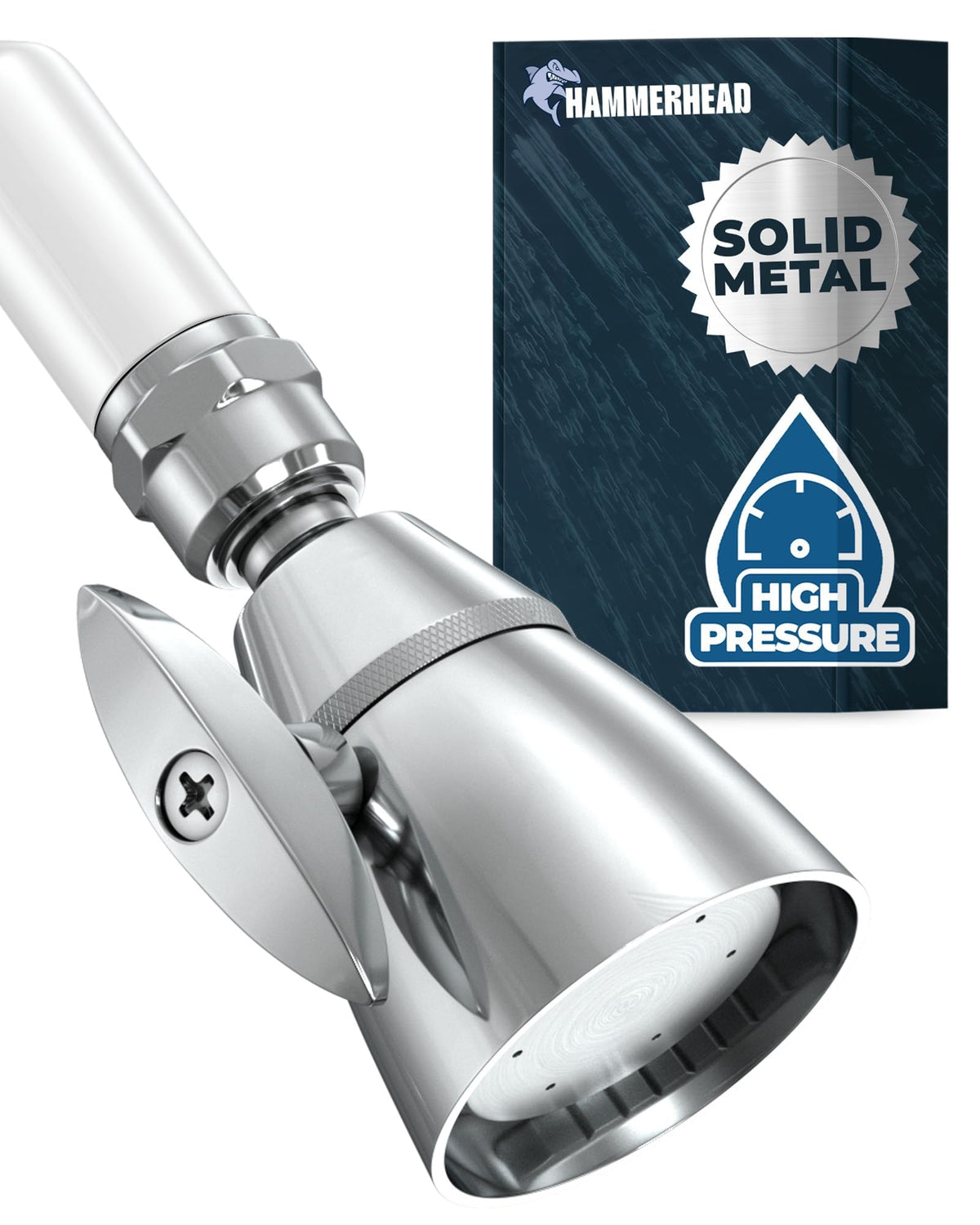HammerHead Showers solid metal 2-inch chrome head shows durable construction and a sleek finish.