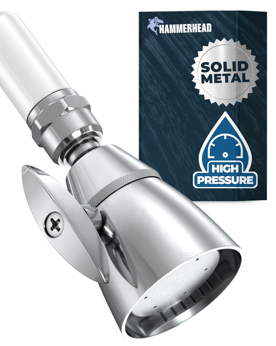 HammerHead Showers solid metal 2-inch chrome head shows durable construction and a sleek finish.