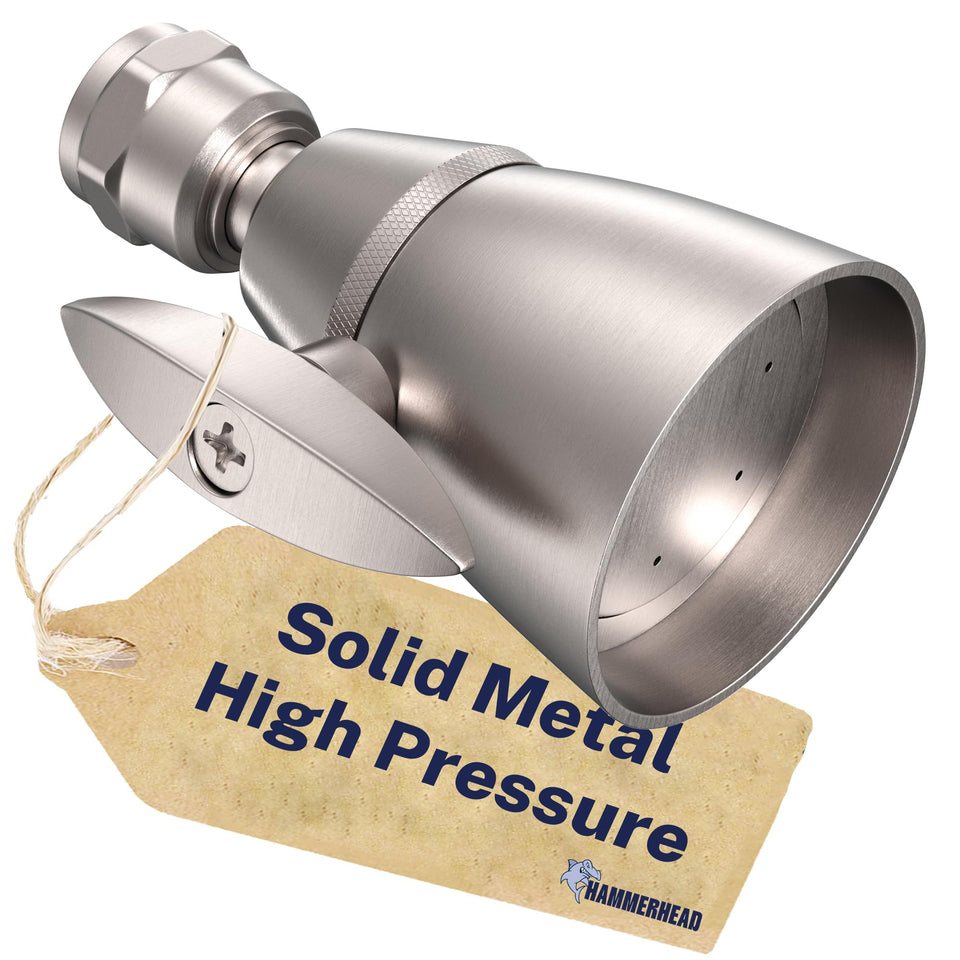 HammerHead Showers solid metal 2in high pressure head provides stronger water flow.