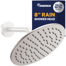 HammerHead Showers solid metal 8-inch rainfall head in brushed nickel for wide coverage.