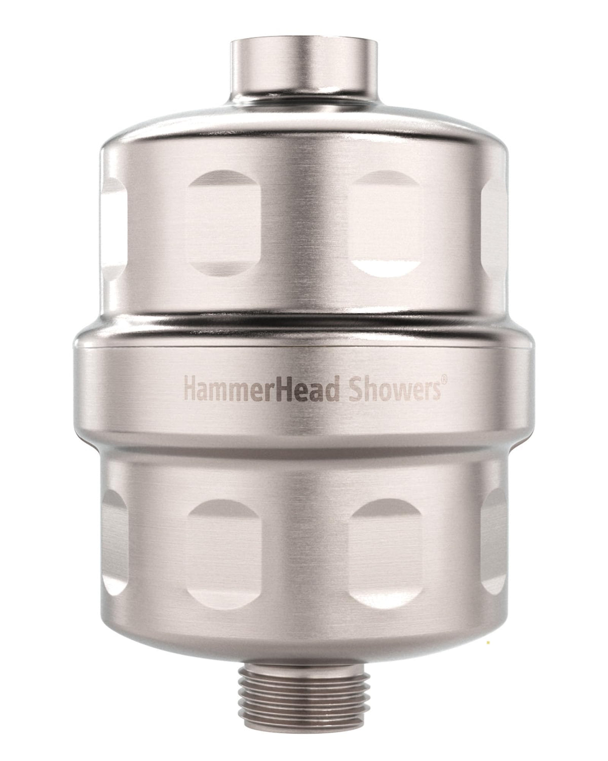 HammerHead Showers solid metal filter in brushed nickel, front view, helps soften water for skin and hair.