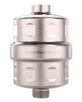 HammerHead Showers solid metal filter in brushed nickel, front view, helps soften water for skin and hair.