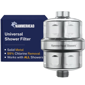 HammerHead Showers solid metal filter close-up with KDF media for chlorine reduction.