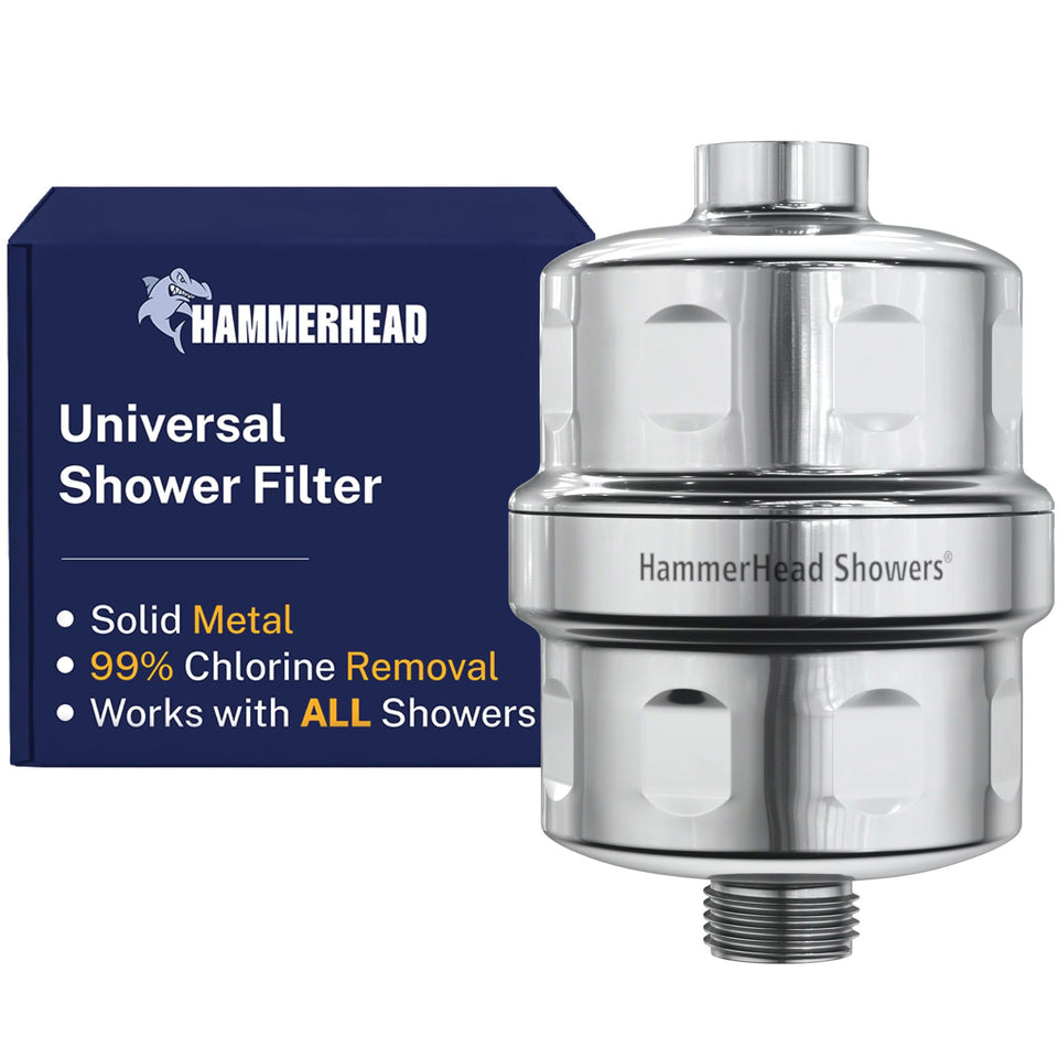 HammerHead Showers solid metal filter close-up with KDF media for chlorine reduction.