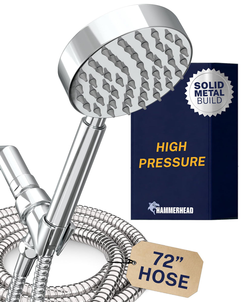 HammerHead Showers solid metal handheld chrome head for powerful rinsing and durability.