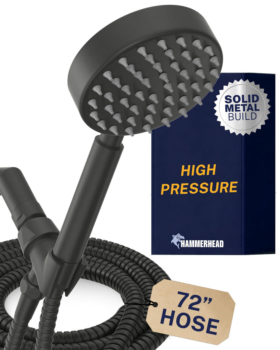 HammerHead Showers solid metal handheld head with high-flow performance for powerful rinse.