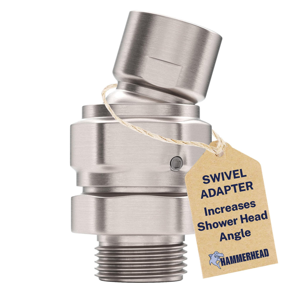 HammerHead Showers swivel ball adapter in brushed nickel for flexible spray angles.