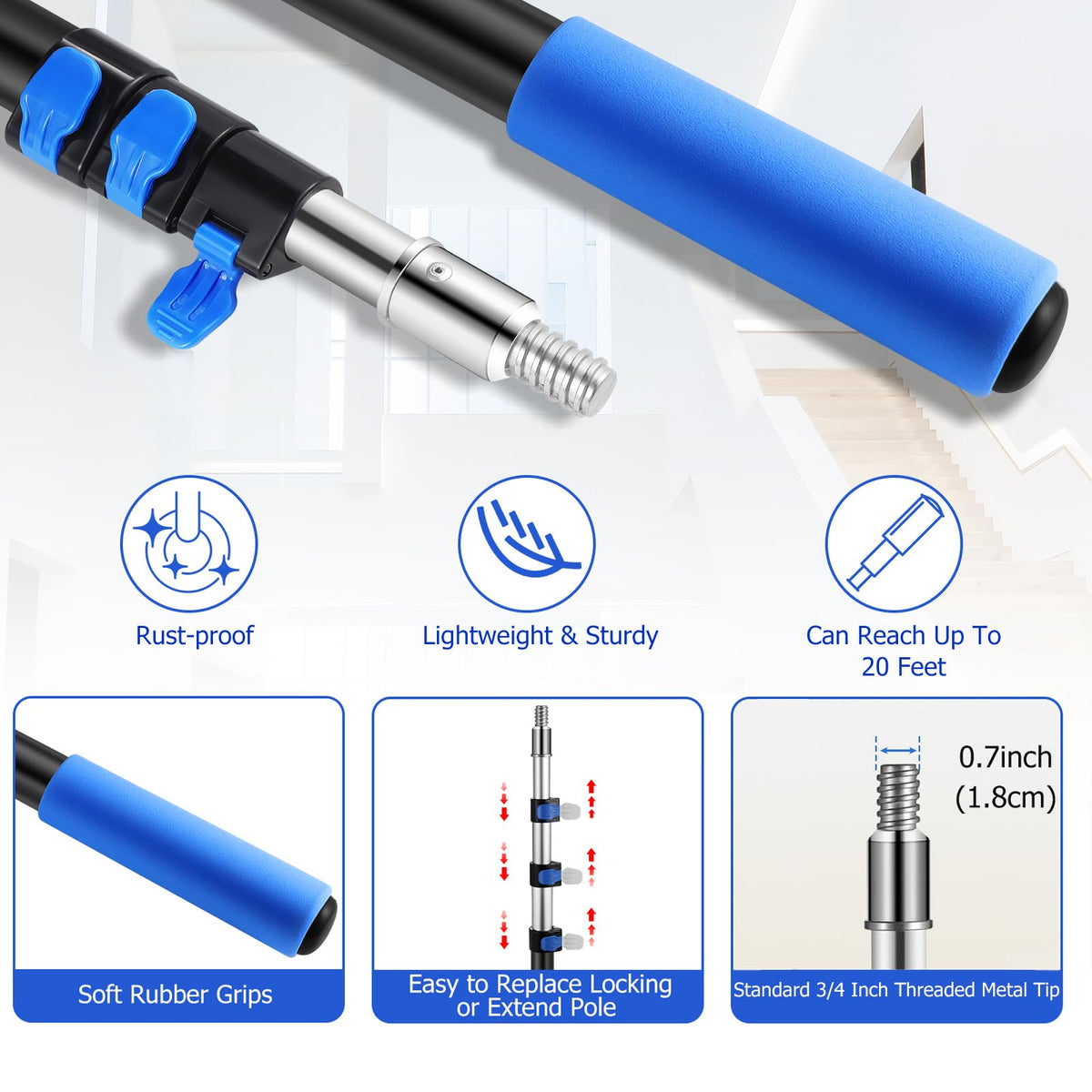 Hammrit extension pole locked at precise length with three secure buttons.