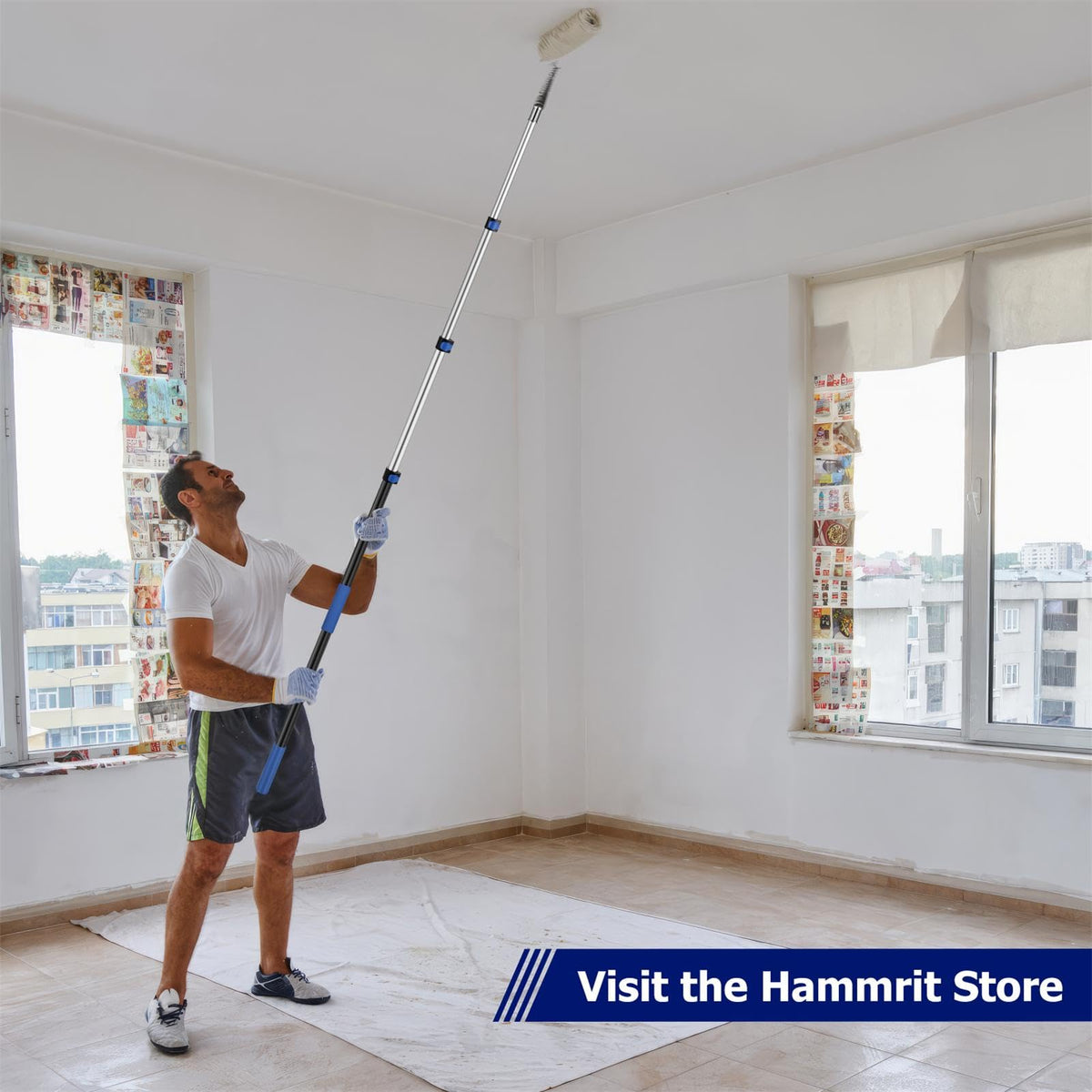 Hammrit pole shown with paint roller attachment mounted for painting tasks.