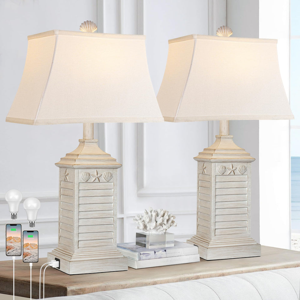 Hamucd coastal table lamps with shell-pattern illuminate the living room with coastal charm.