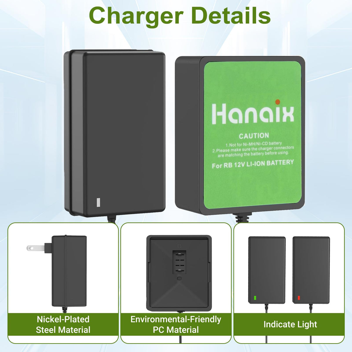 Hanaix 12V charger model 130503005 visual: CE FCC RoHS certified safety and reliability.