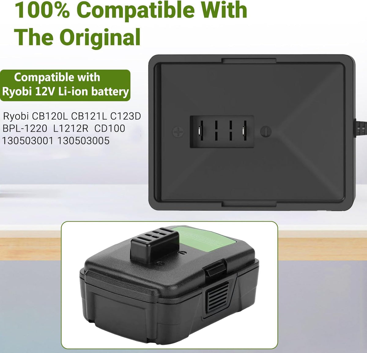 Hanaix 12V charger for Ryobi L1212R visual: slim design fits bags and drawers.