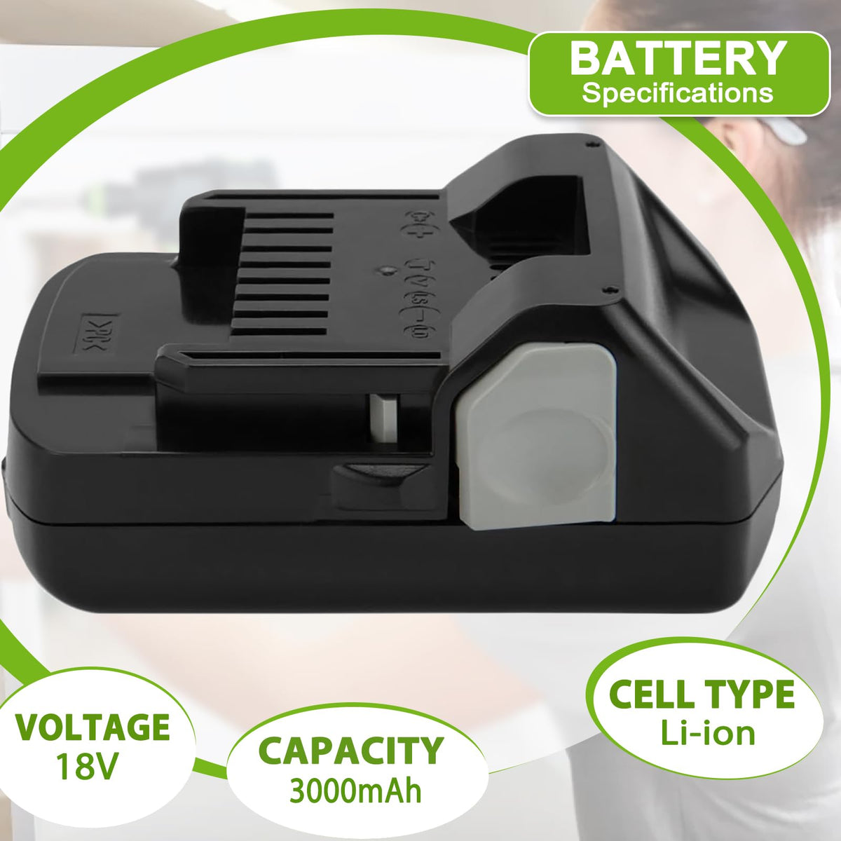 Hanaix 2Pack 3000mAh 18V battery side view highlights compact form and easy handling