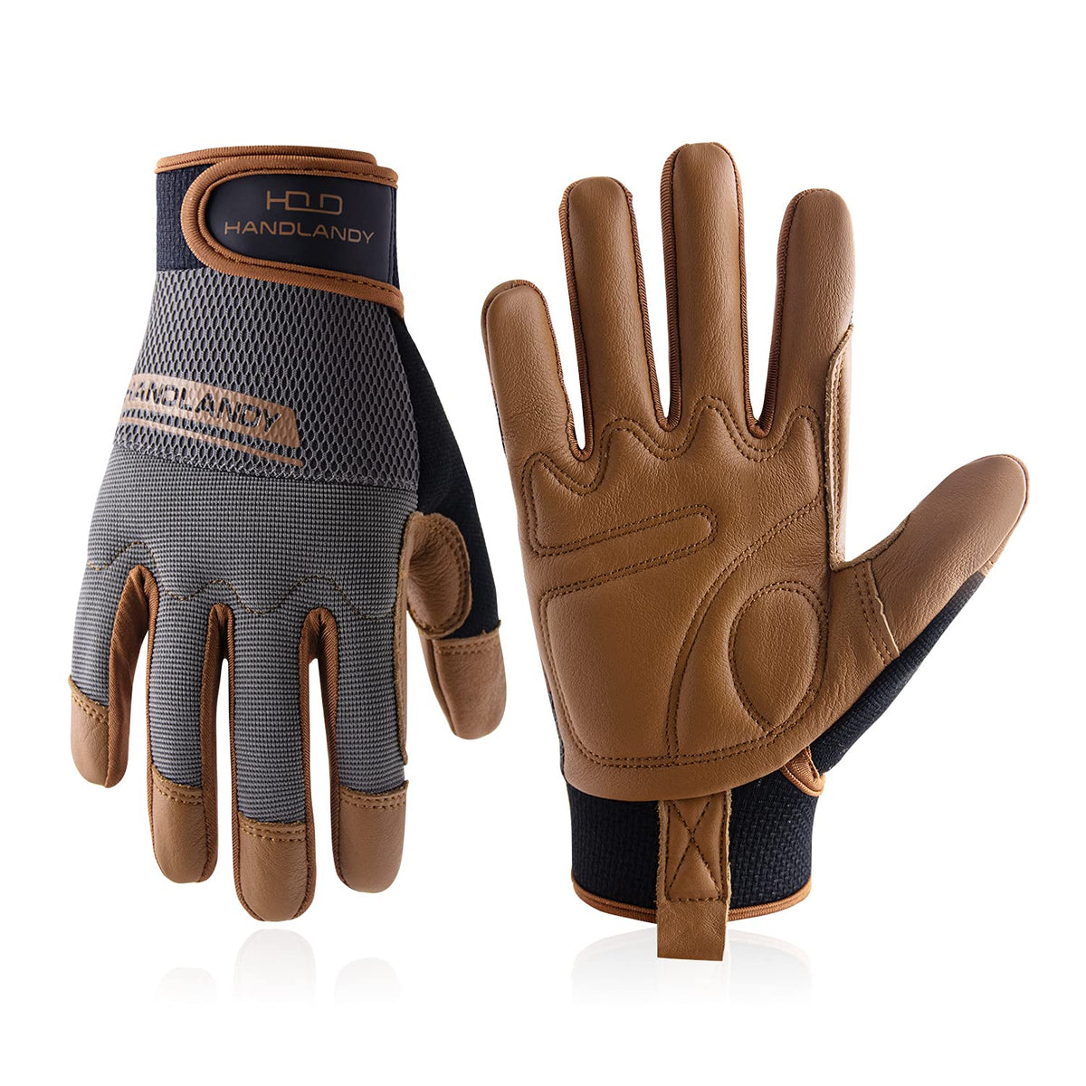 HANDLANDY leather work gloves with cowhide palm for durable grip.