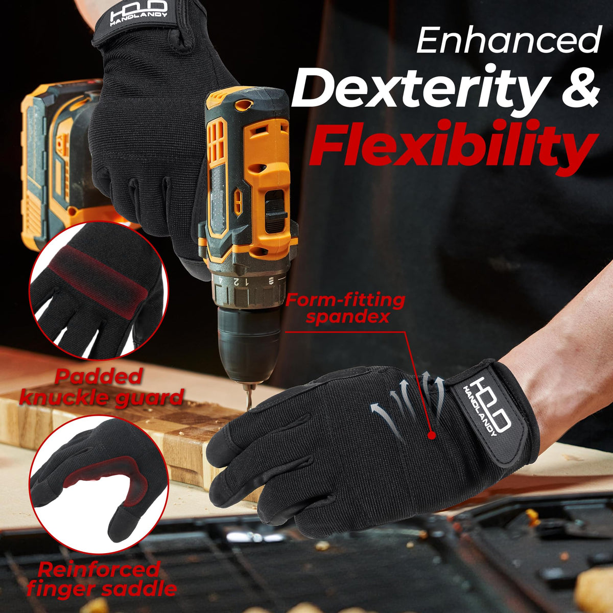 HANDLANDY gloves feature foam knuckle padding for impact protection during tasks.