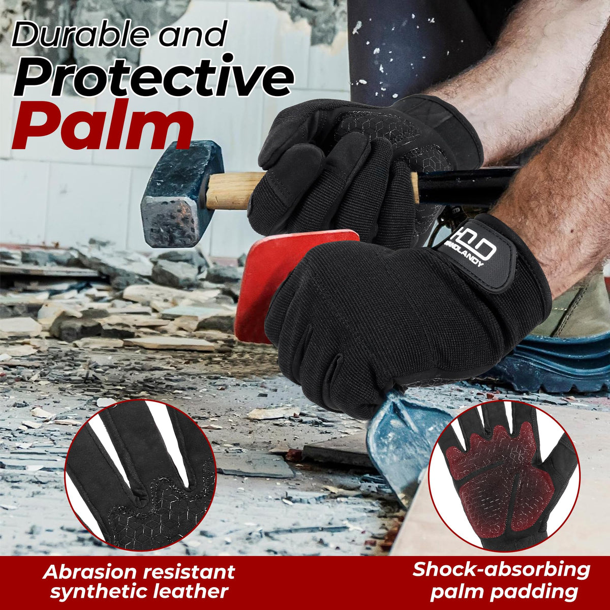 HANDLANDY gloves show foam palm padding for comfortable extended use.