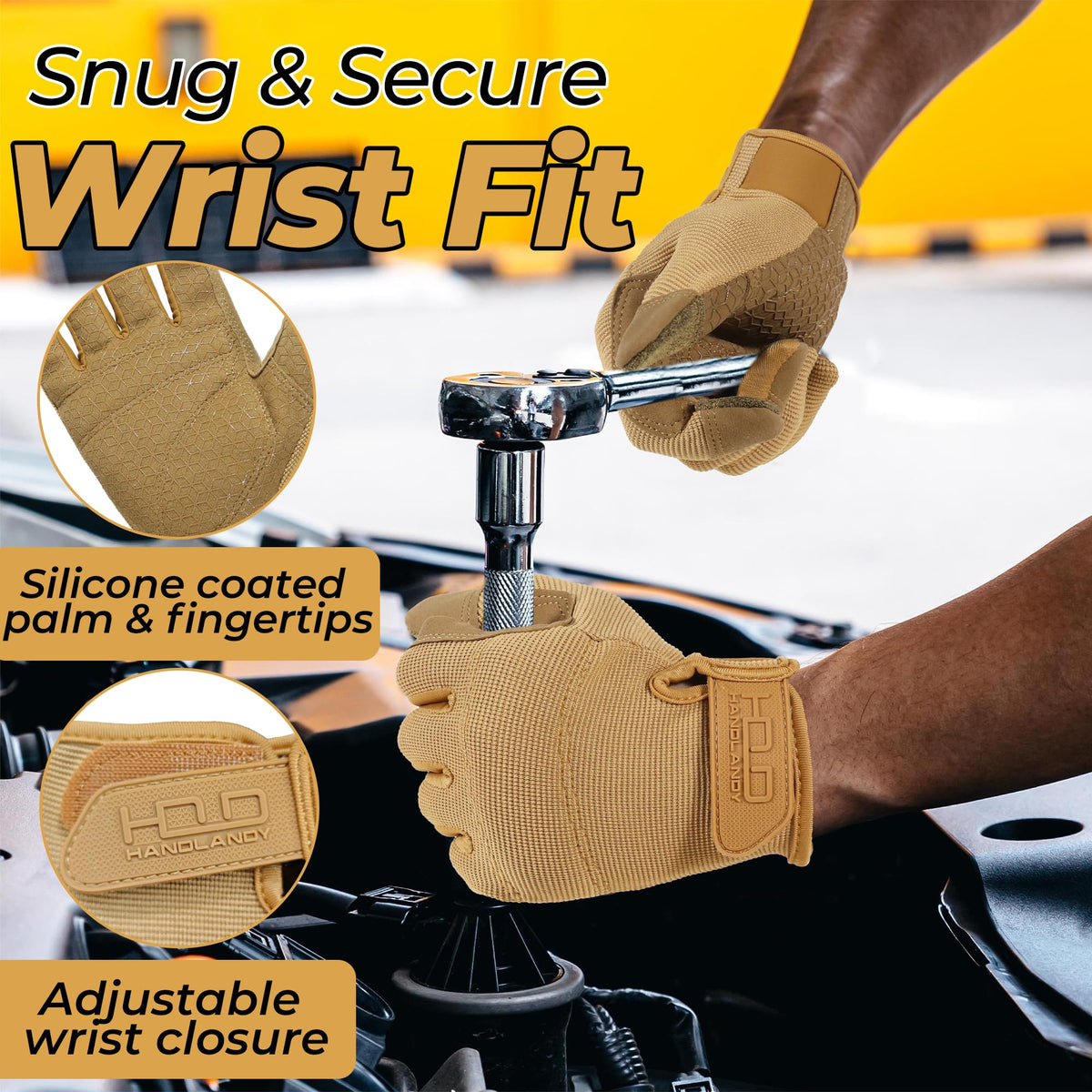 HANDLANDY gloves with Velcro fastening provide secure fit.