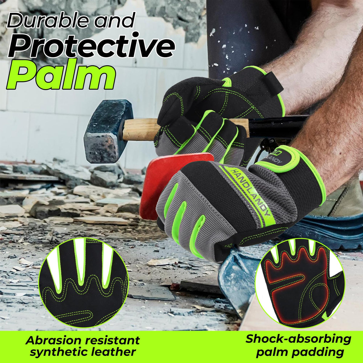 Handlandy gloves with padded palm and knuckles for added protection.