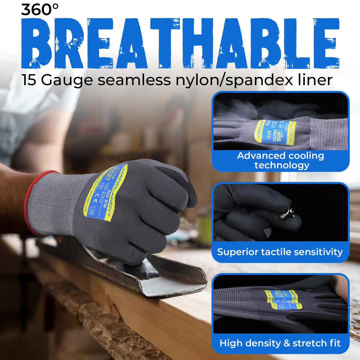 HANDLANDY seamless-15-gauge-shell provides comfortable, precise fit for dexterity