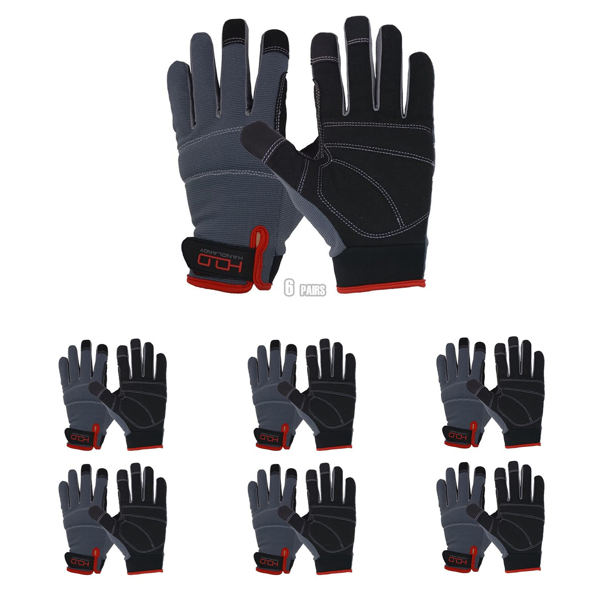HANDLANDY work gloves pack six with reinforced palm for durable yard tasks.