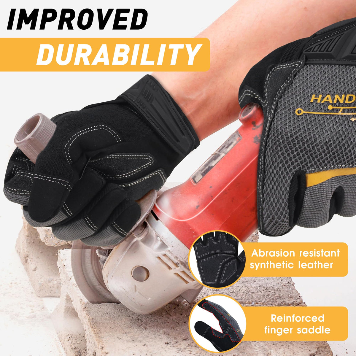 Handlandy gloves palm close-up highlights abrasion resistance for heavy chores.