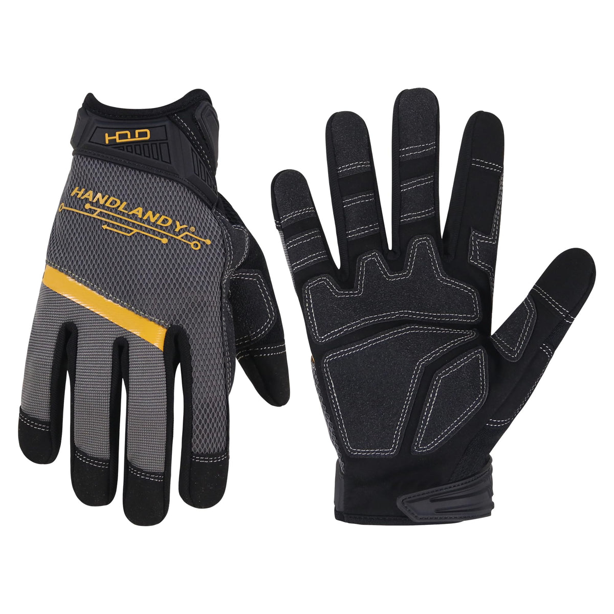 Handlandy work gloves with reinforced palm show durability for tough yard tasks.