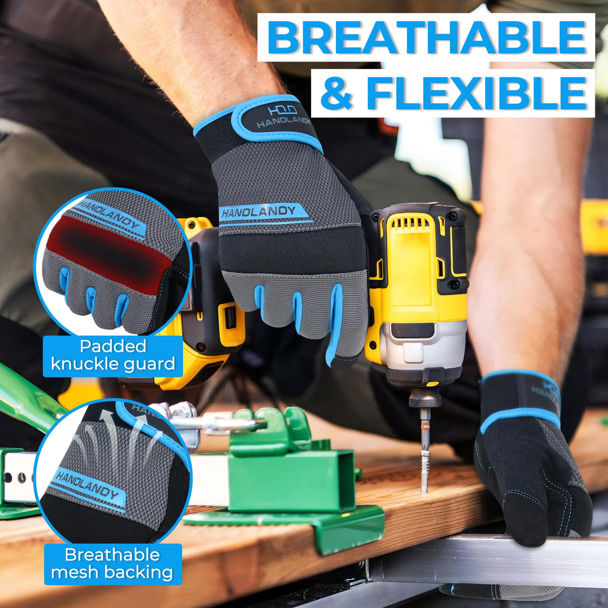 Handlandy gloves feature terry cloth thumb to wipe sweat.