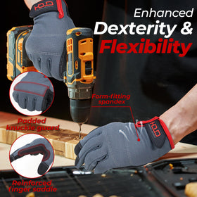 Handlandy gloves with touchscreen-capable fingertips for device use on the job.