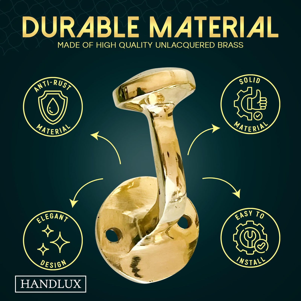 HANDLUX brass wall hook in bathroom setting, towel ready for daily use