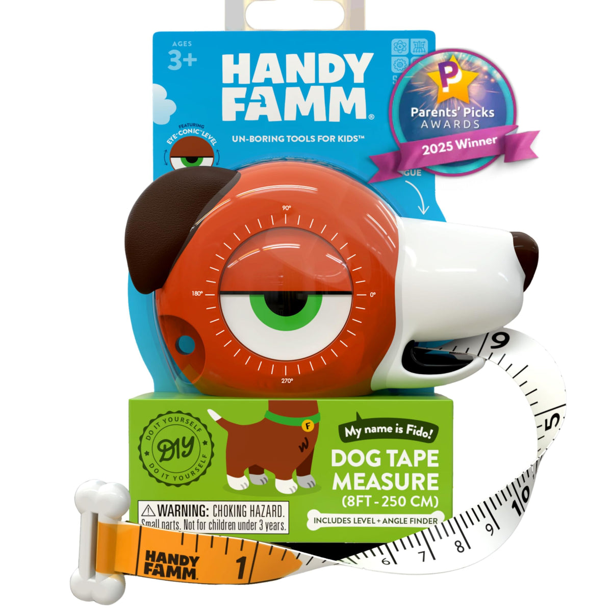 Handy Famm Fido Dog 4-in-1 tape measure for kid-friendly learning.