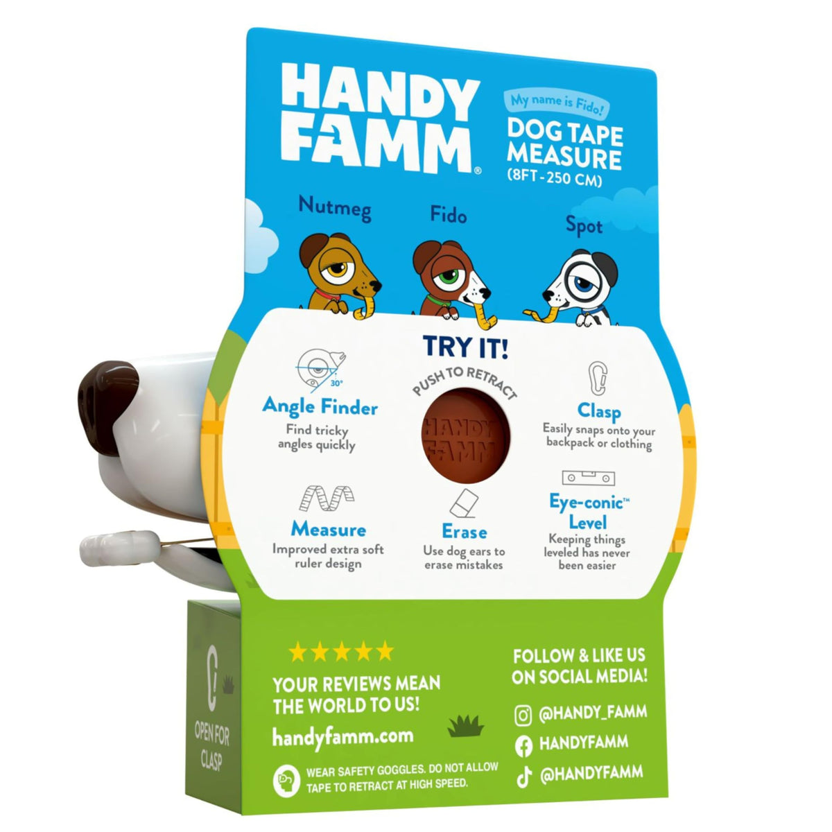 Handy Famm Fido Dog level eye demonstrates safe, adjustable bubble level.