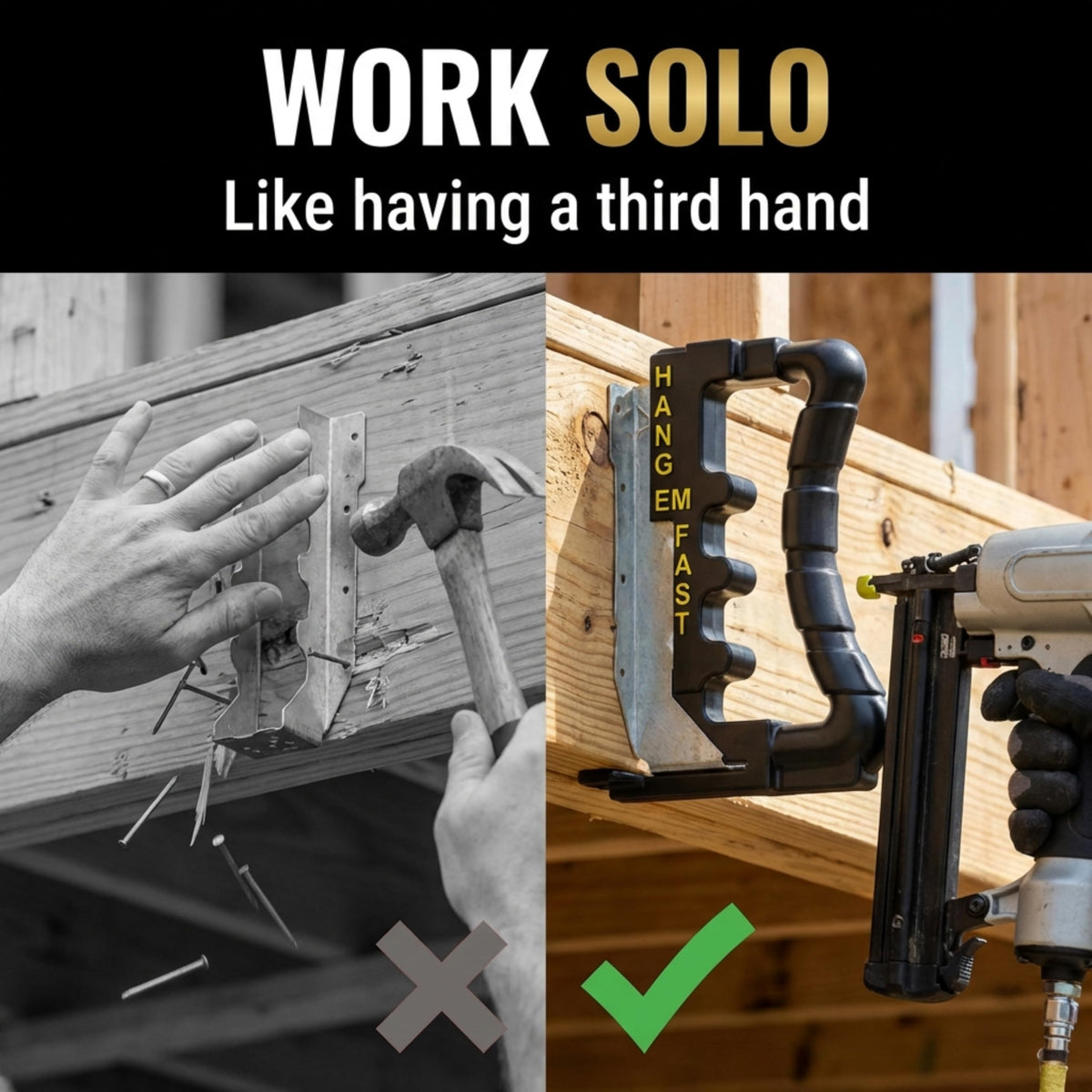 Hang Em Fast joist jig closeup steel showing durability for heavy-duty projects