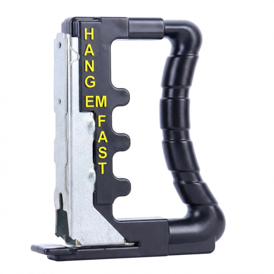 Hang Em Fast joist jig in use during deck framing for precise hanger placement